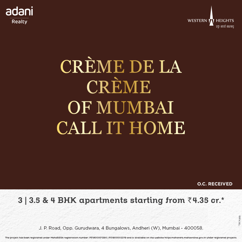 Book 3 BHK apartments starting from Rs 4.35 Cr at Adani Western Heights Update